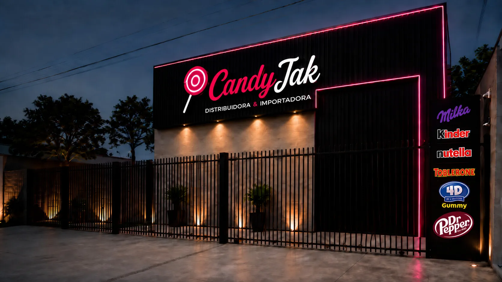 Fachada da distribuidora CandyJak iluminada com neon